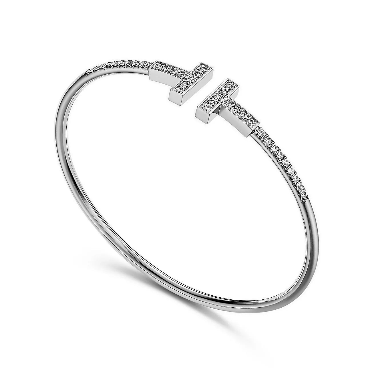T Pave Diamond Wire Bangle in White Gold