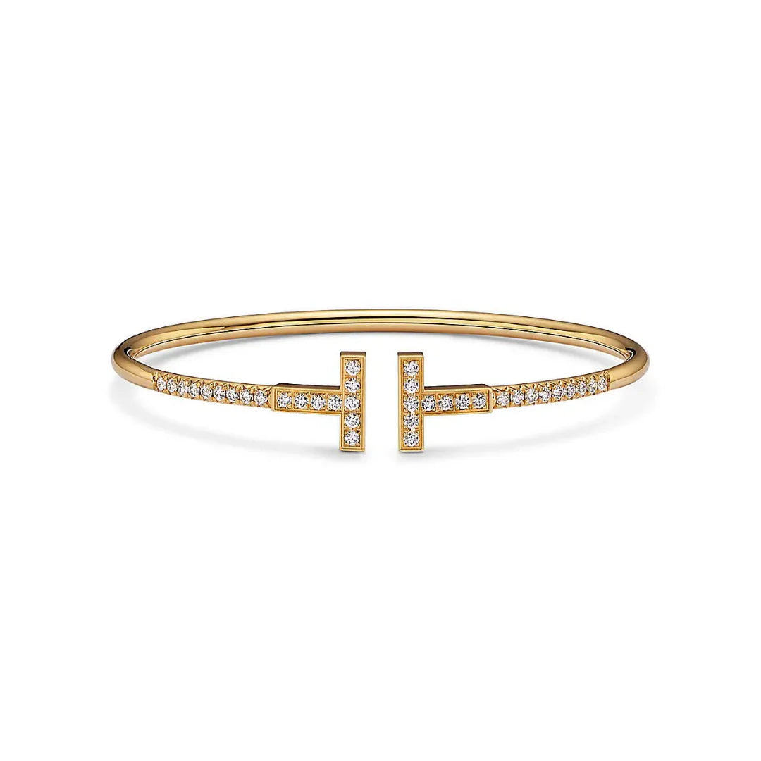 T Pave Diamond Wire Bangle in Yellow Gold