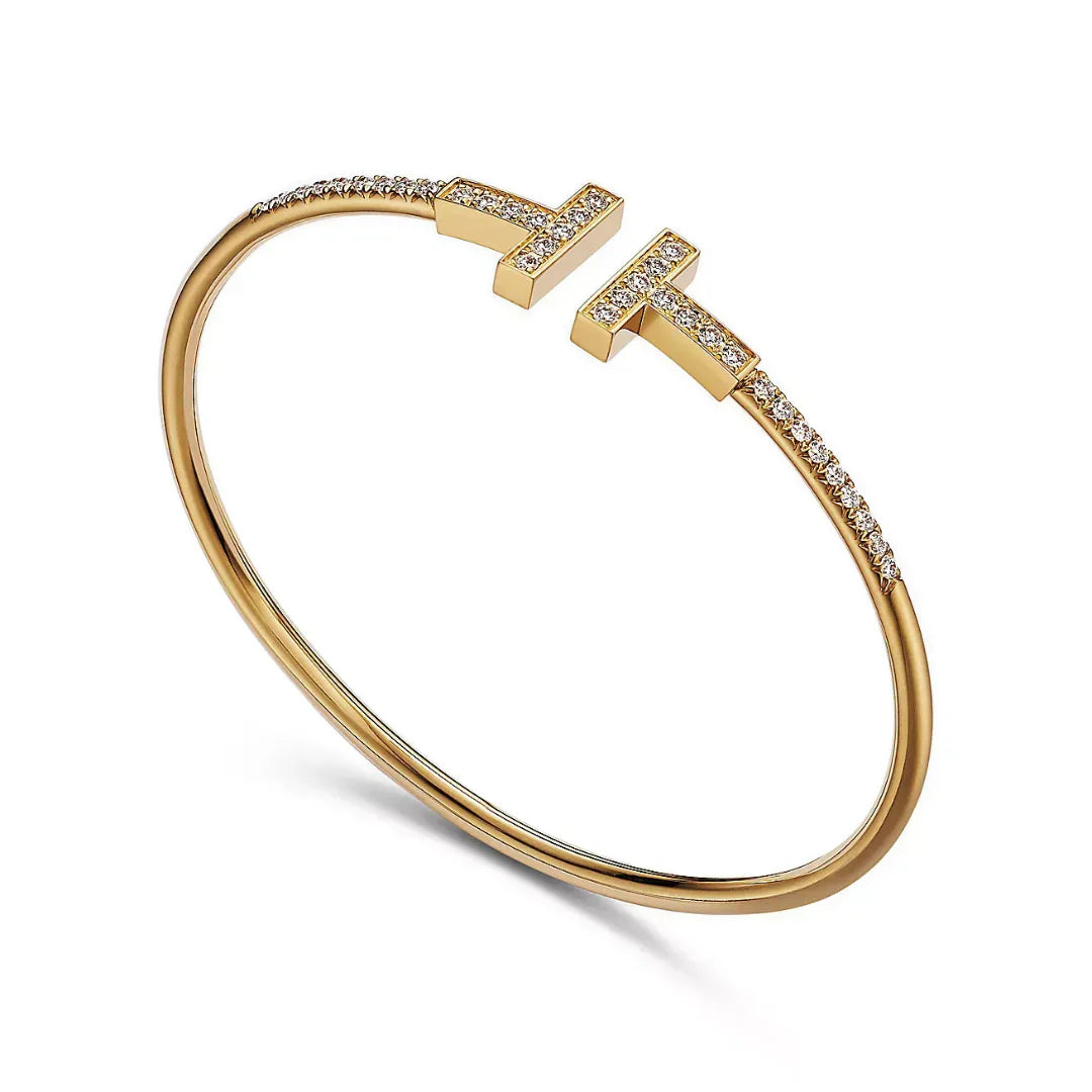 T Pave Diamond Wire Bangle in Yellow Gold