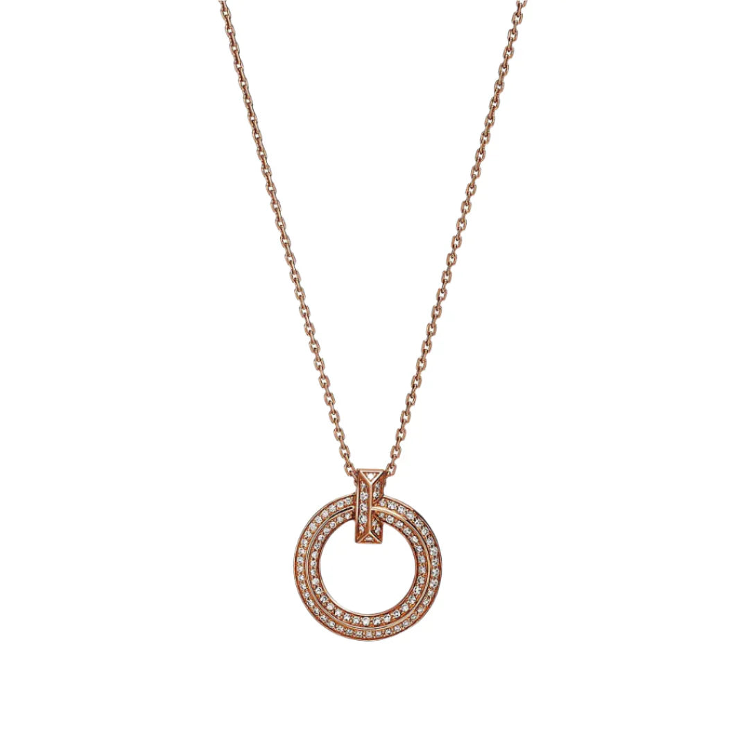 T T1 Narrow Circle Pendant Necklace Rose Gold Full Pavé Diamonds