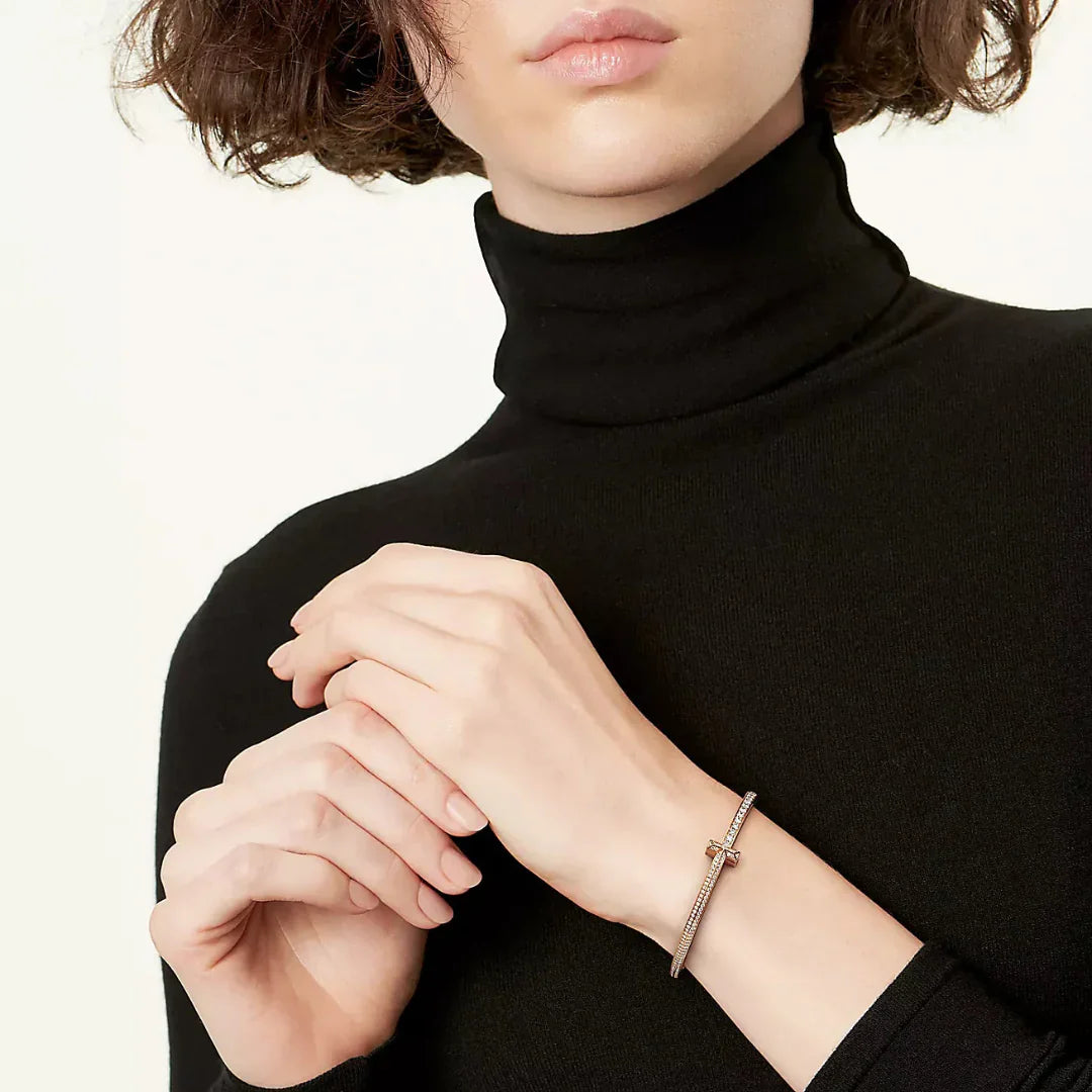 T1 Narrow Pave Diamond Hinged Bangle in Rose Gold