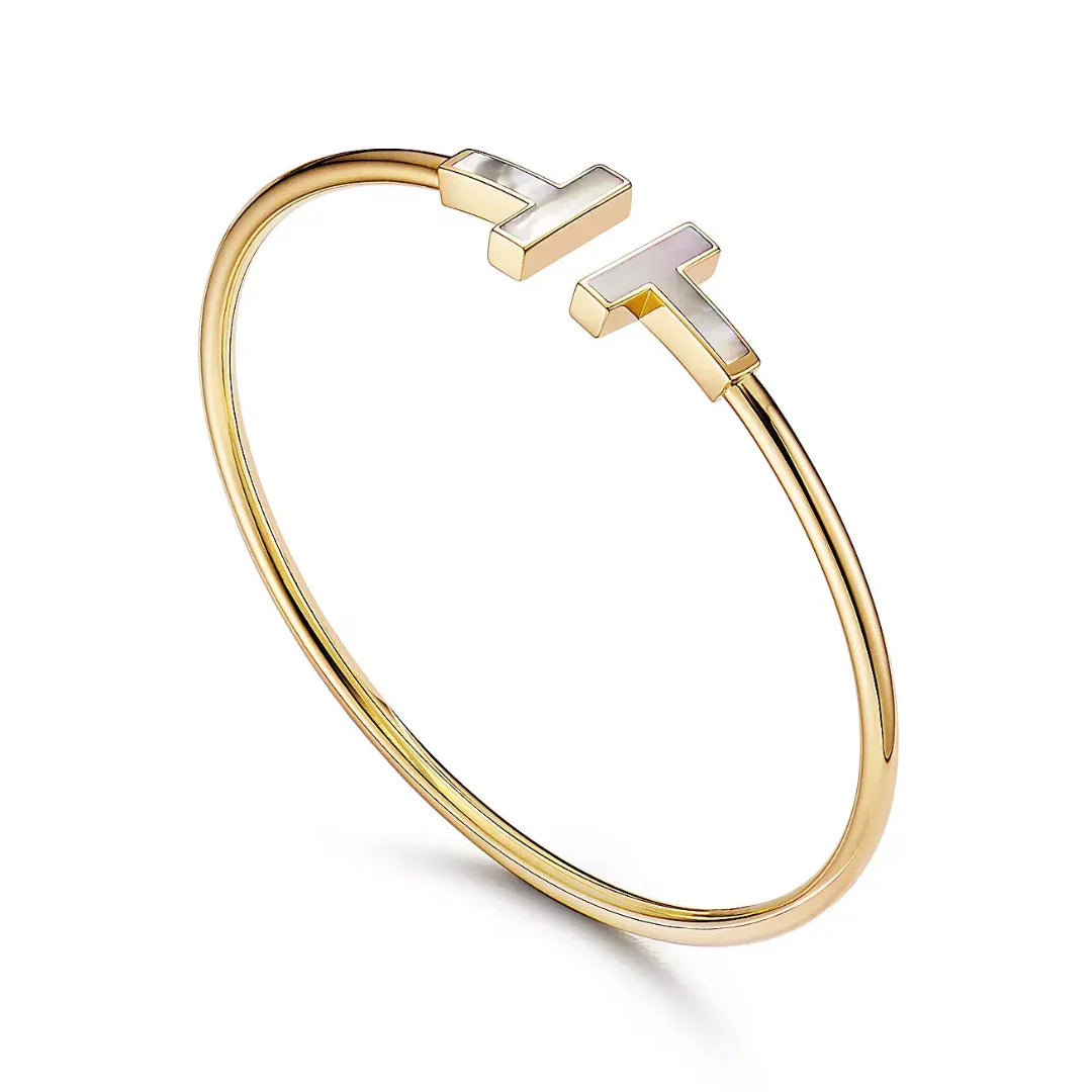 T Wire Bangle with Mother-of-Pearl Accents Yellow Gold