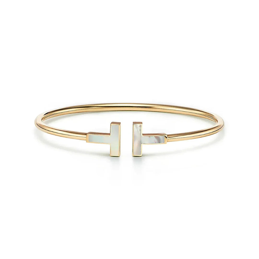 T Wire Bangle with Mother-of-Pearl Accents Yellow Gold