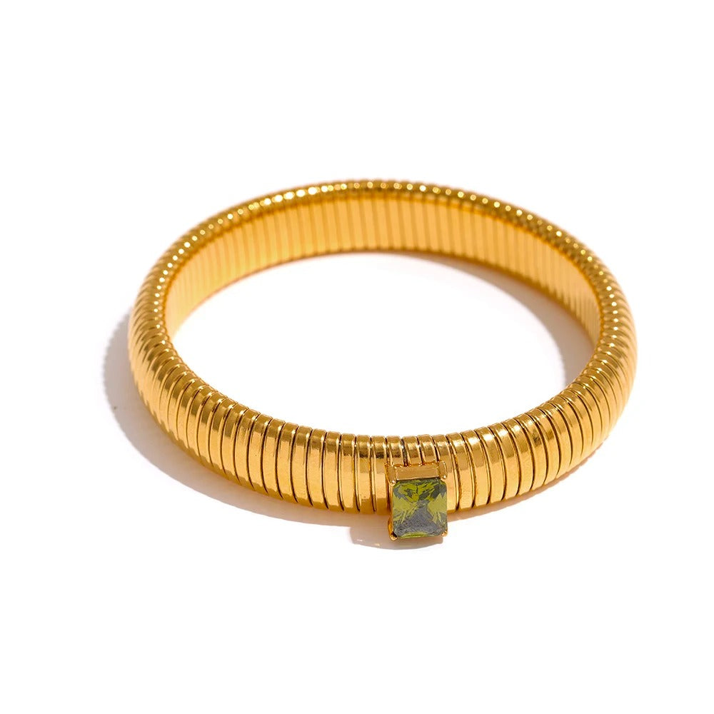 18K Gold Plated Stainless Steel Wide Bracelet Bangle with Elasticity Chain and Cubic Zirconia